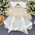 Palace style niche styleclassy heavy industry beading hot diamond lantern sleeve tassel mesh shirt women's loosecasualtops