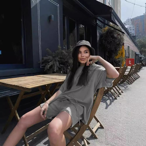 Cross-border  Independent Station Women's Fashion Crew Neck Half-Sleeve T-Shirt Shorts Two-piece Casual Shorts Set Women