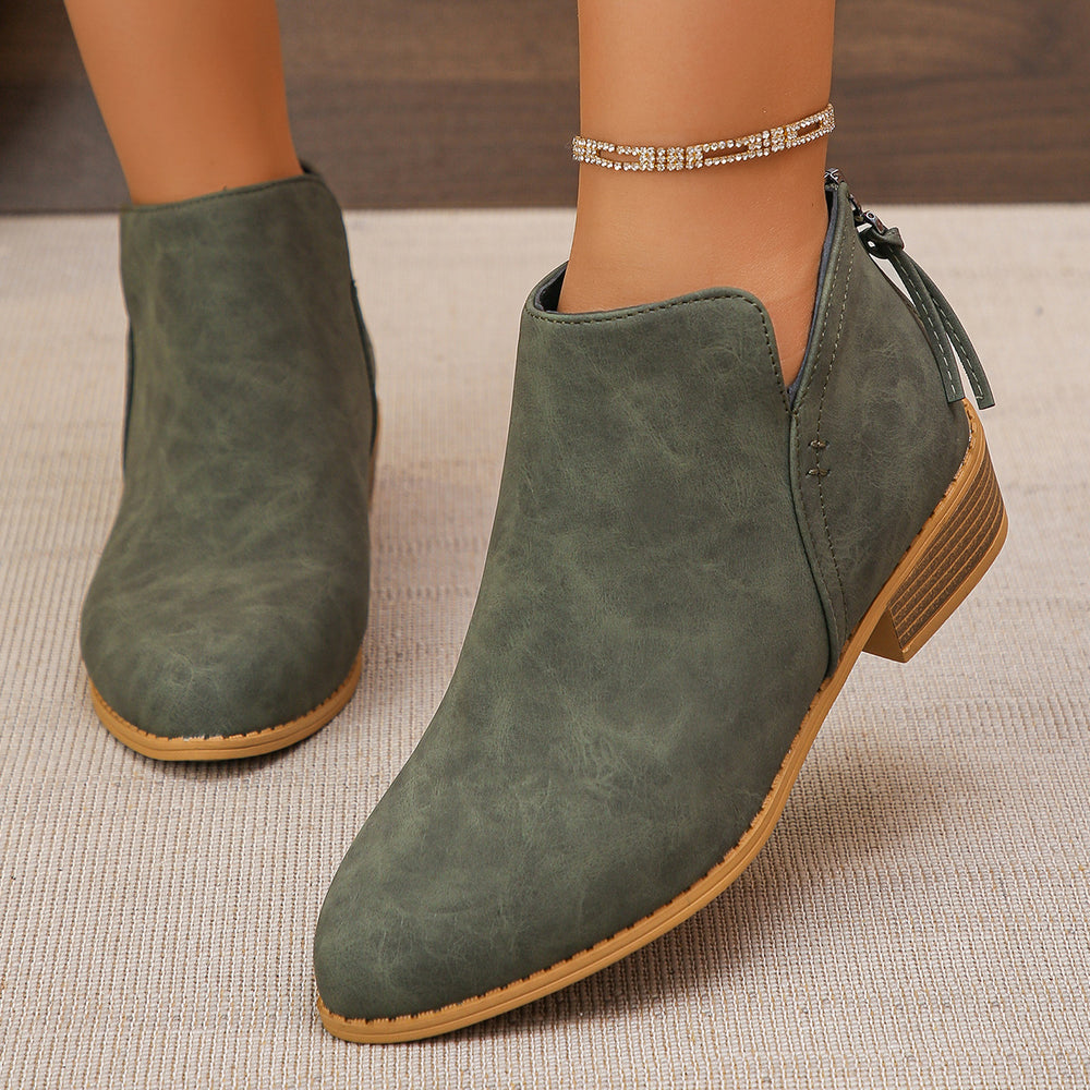 Fashionexportplus size leather boots women's boots pure colorslimming look pointed toe back zipper casualthick sole thick heel boots women's single