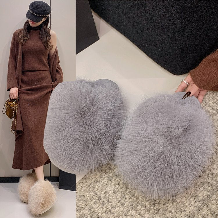 plus sizepure color fluffy large fur slippers soft bottom winter toe-cap home heattech multi-color cotton slippers