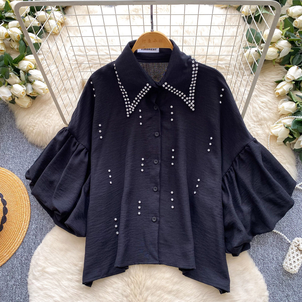 French-style heavy beaded lapel diamond-embellished shirt for women - summer lantern sleeve cardigan, loose fit, versatile, high-end top