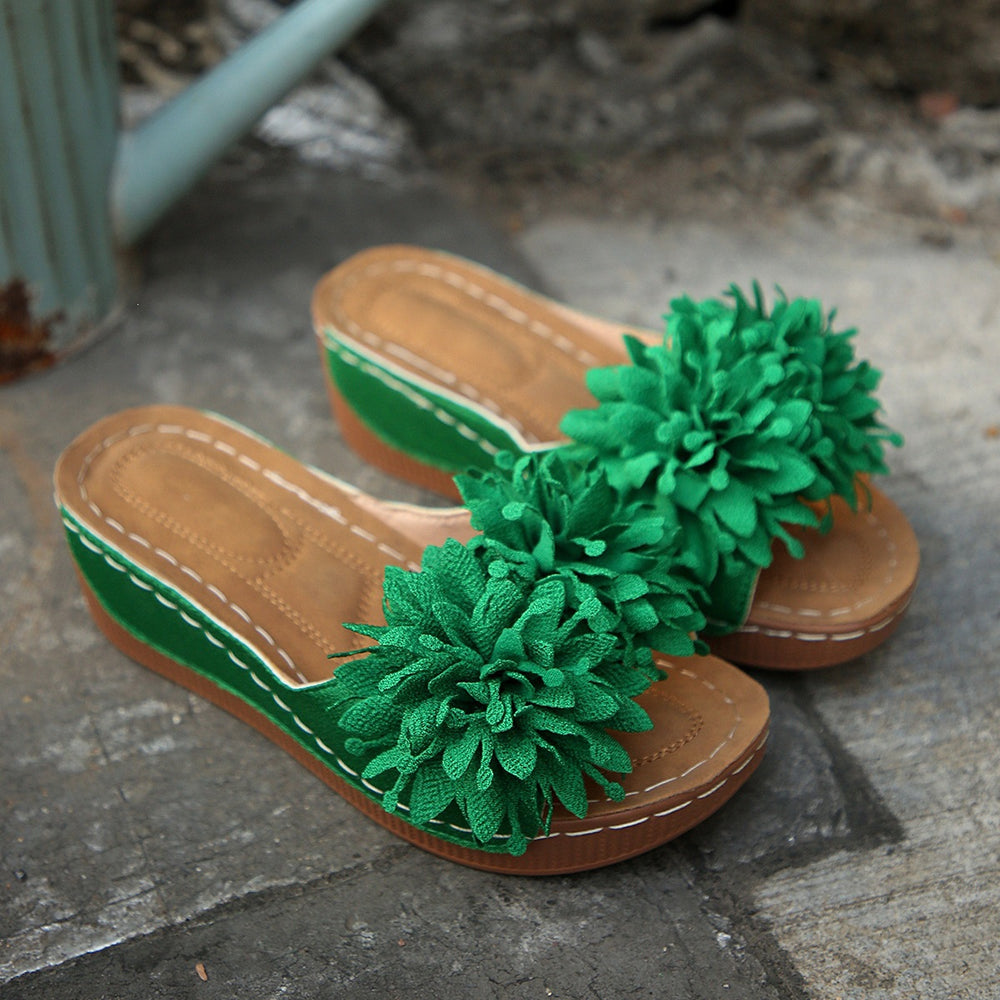 plus sizesummernew arrivalexport wedge thick sole slippers fish mouth one-piece strap flower outwear slippers