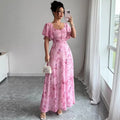 european and american  cross-border new french v-neck floral maxi dress with puff sleeves