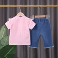 Girls' summer outfit  new kids' cartoon letter short sleeve rainbow pony casual denim two-piece set
