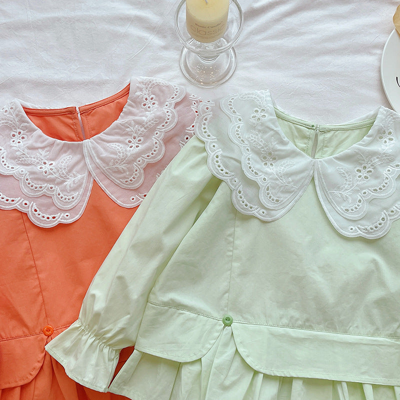 Girls'  autumn new collection: korean-style sweet lace peter pan collar faux two-piece shirt, long-sleeved spring/autumn top - trendy