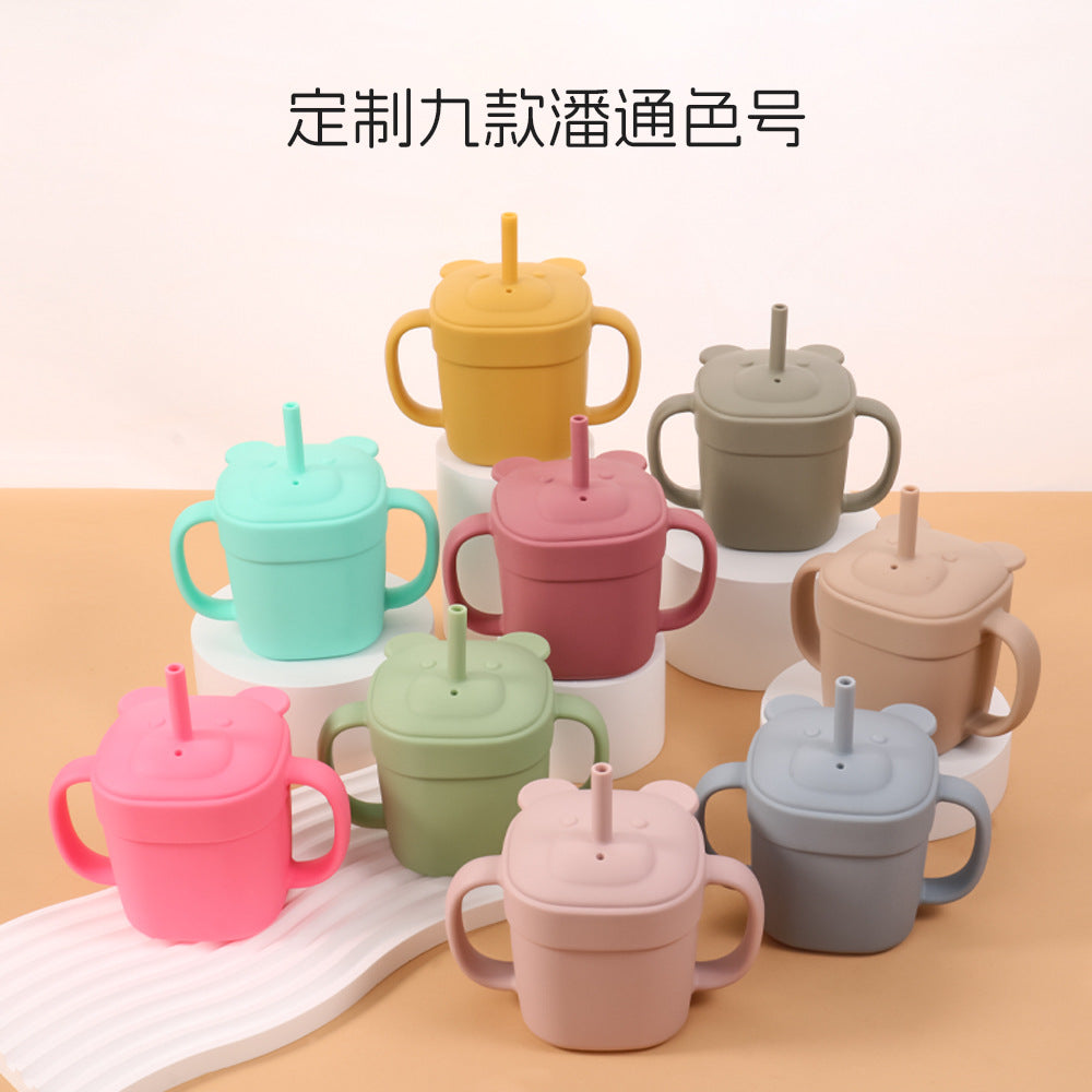 Children's silicone straw cup Baby bear baby drinking milk drinking cup Double handle anti-drop silicone feeding tableware