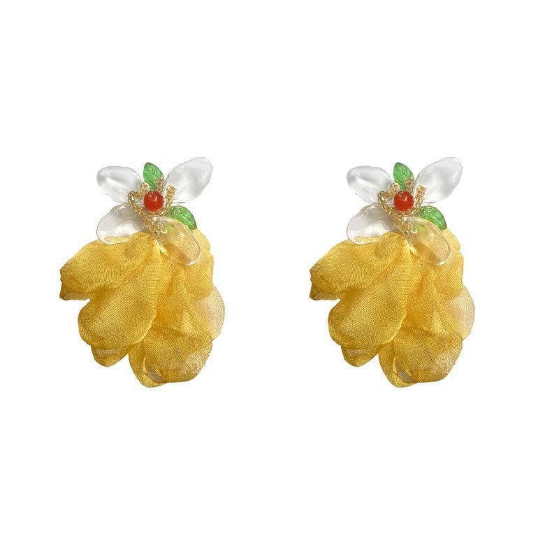 Vacation-style yellow floral fabric earrings for women, beachy colorful face-framing small earrings, statement earrings, unique and eye-catching ear accessories