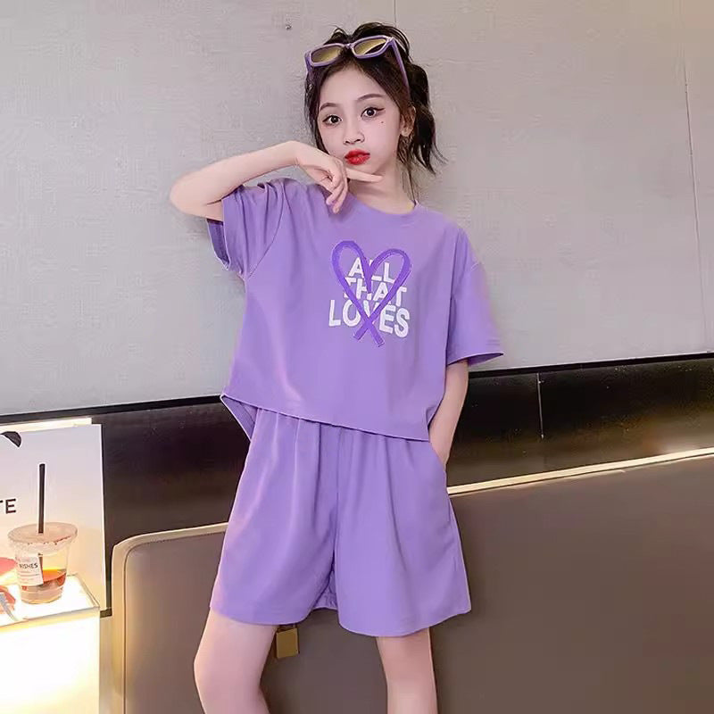 Girls' summer outfit set : stylish kids' active shorts, trendy two-piece set for girls (mid-to-large size)