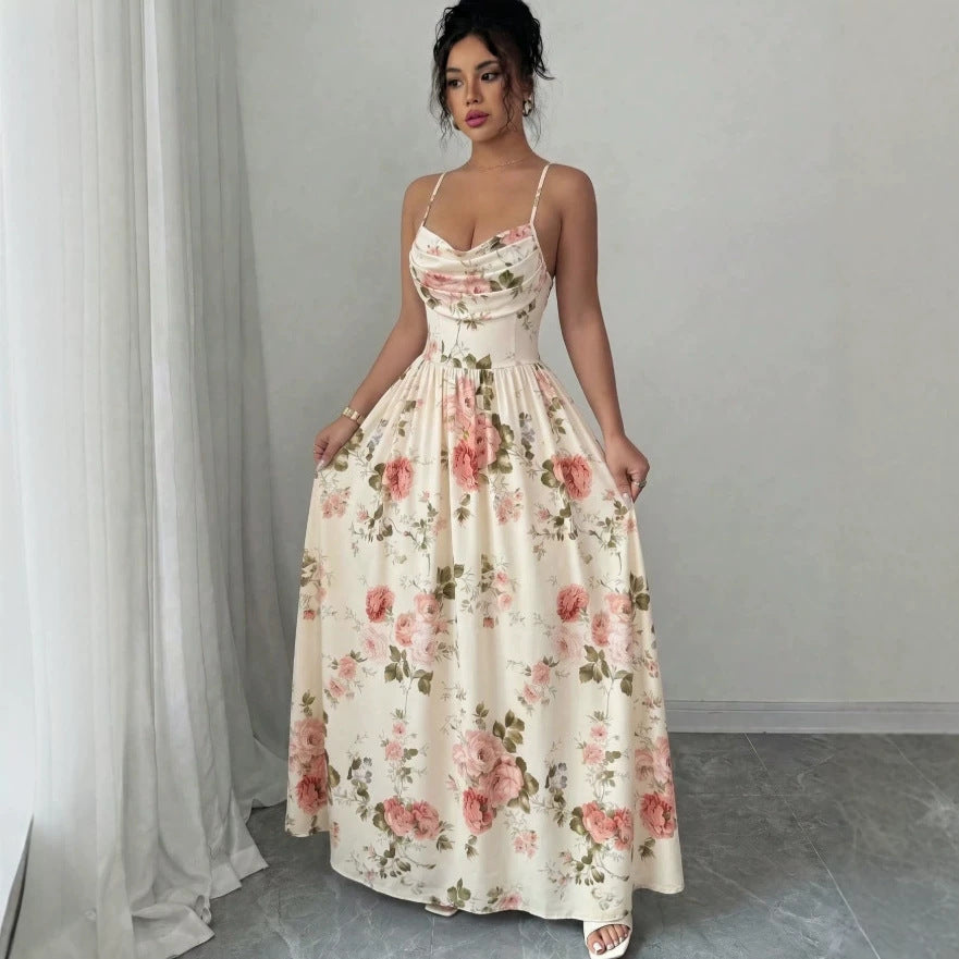 european and american style women's elegant slim-fit printed slip dress with cinched waist