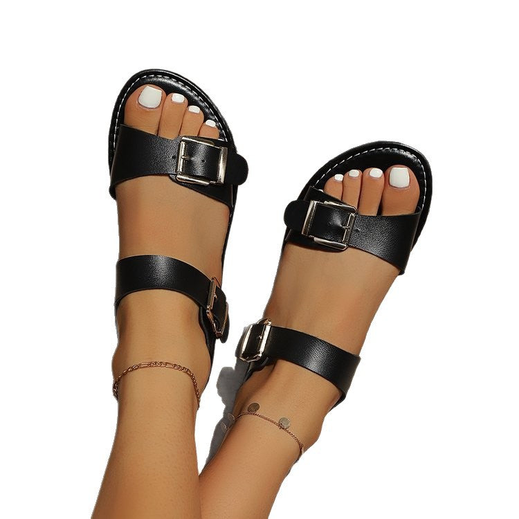 Fashion cross-border plus size buckle flats slippers women's exportretro lightweight beach slippers slippers