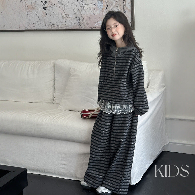 Girls'  autumn striped hoodie set: stylish hooded sweatshirt and wide-leg pants two-piece outfit for big girls