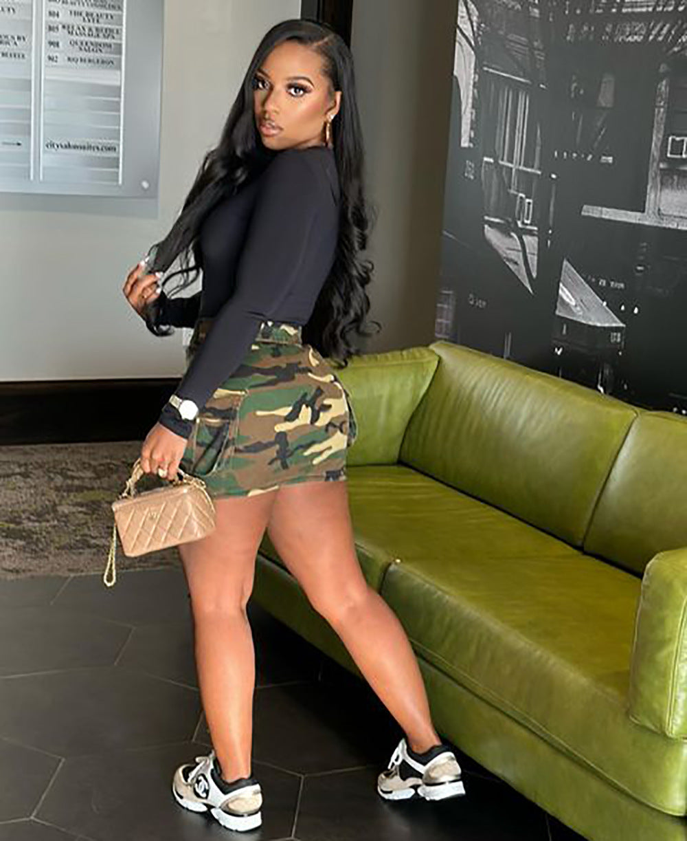European and american cross-border women's fashion:  street style camo print midi skirt, sexy bodycon mini skirt