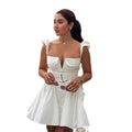 Fashion cross-border women's clothing  early spring pure color flying sleeves v neck buttons waist pleated short elegantdress