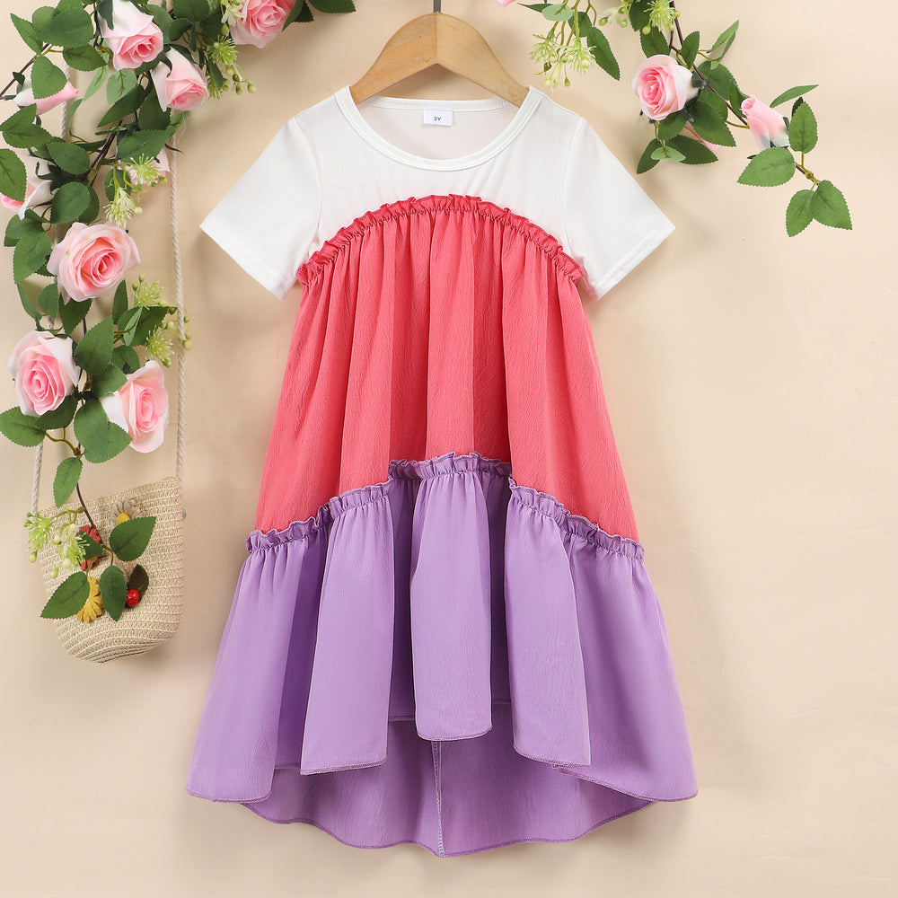 Children's short-sleeved round neck patchwork dress