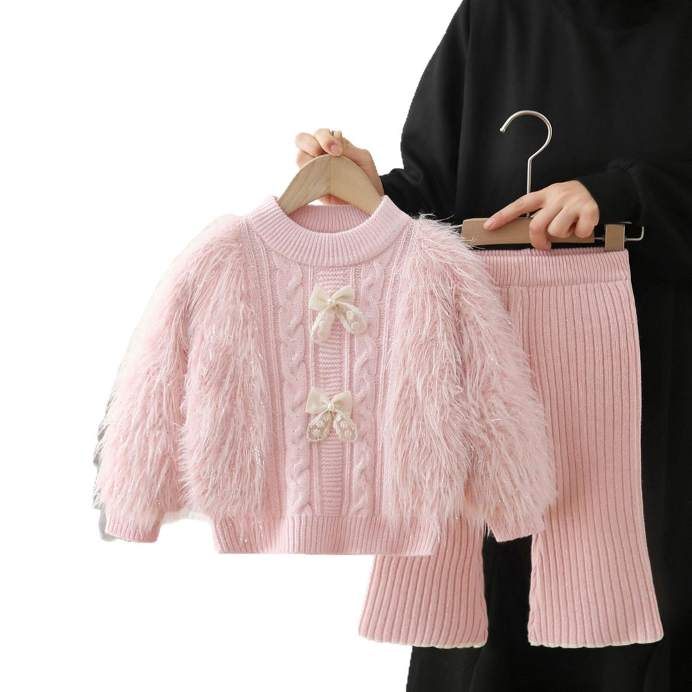 Girls' sweater set - new autumn/winter style, korean-inspired, solid color, fuzzy bow knit pullover two-piece outfit