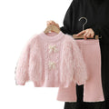 Girls' sweater set - new autumn/winter style, korean-inspired, solid color, fuzzy bow knit pullover two-piece outfit