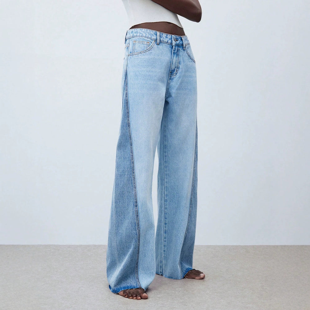 Fashionjeans women's light blue contrast color side seam patchwork wide-leg pants raw edge trousers washed loosemop denim