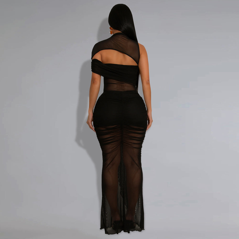 C7492 cross-border   fashion women's sexy see-through mesh sleeveless evening dress