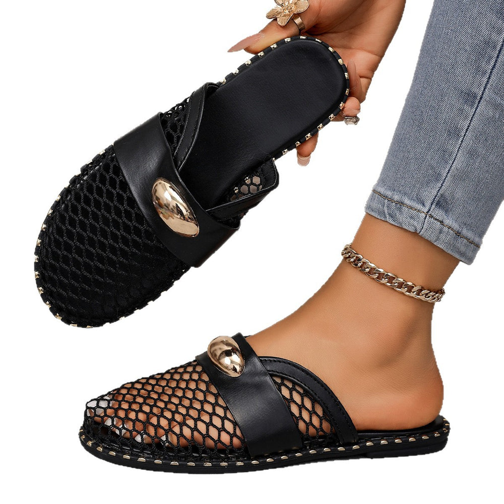 Exportnew arrivalplus sizemary jane mesh breathable flats slippers women's toe mesh breathable fishnet toe half drag
