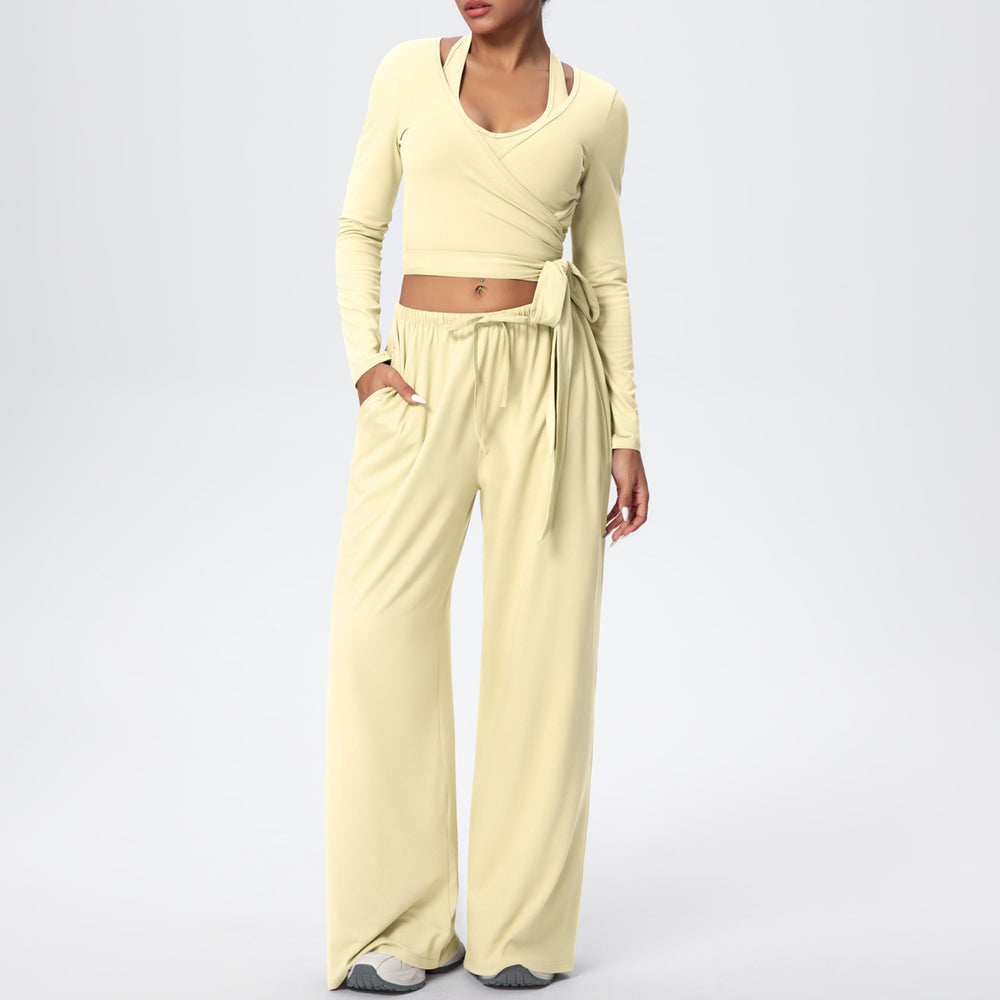 New arrival: solid color double-sided brushed fleece drawstring long-sleeve tank top three-piece set - perfect for sports, running, fitness, and yoga