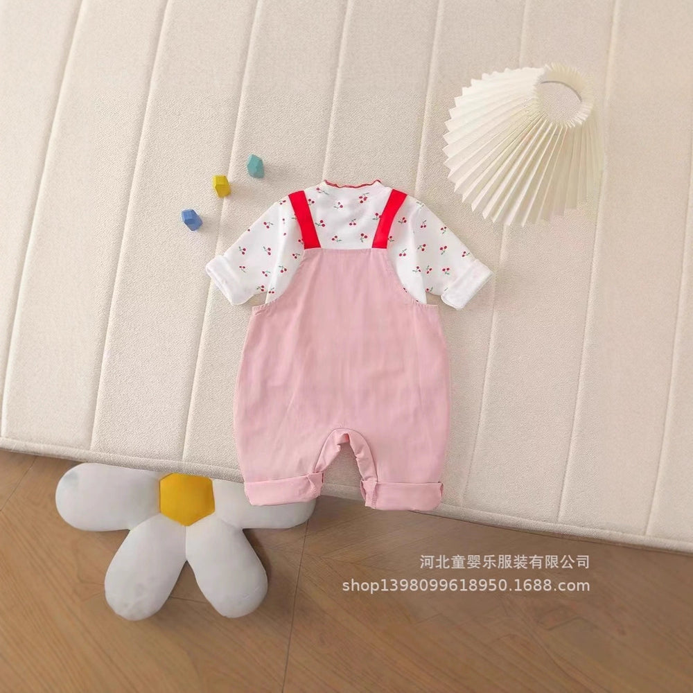 Autumn cherry two-piece overalls set - girls' outfit, new cartoon style, korean fashion, cute baby