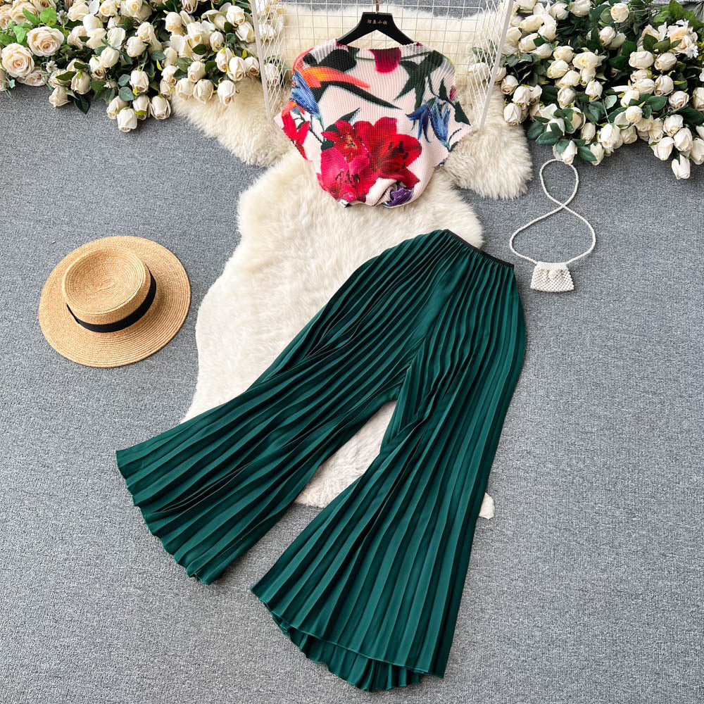European and american style fashion queen set for women - summer french chic high-end printed top + loose pleated wide-leg pants