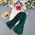 European and american style fashion queen set for women - summer french chic high-end printed top + loose pleated wide-leg pants