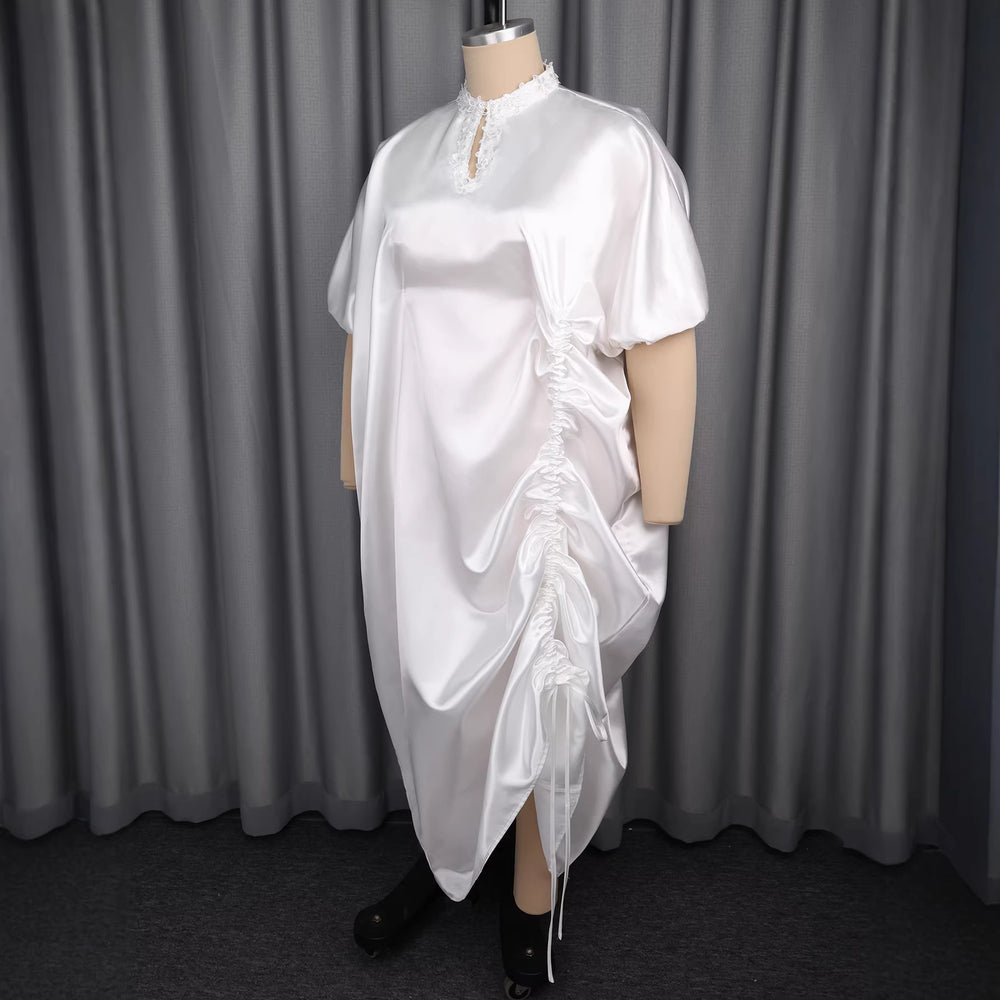 White satin stand collar lace cut outdress looseasymmetrical drawstring slit elegant african robe skirt