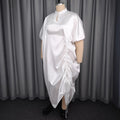 White satin stand collar lace cut outdress looseasymmetrical drawstring slit elegant african robe skirt