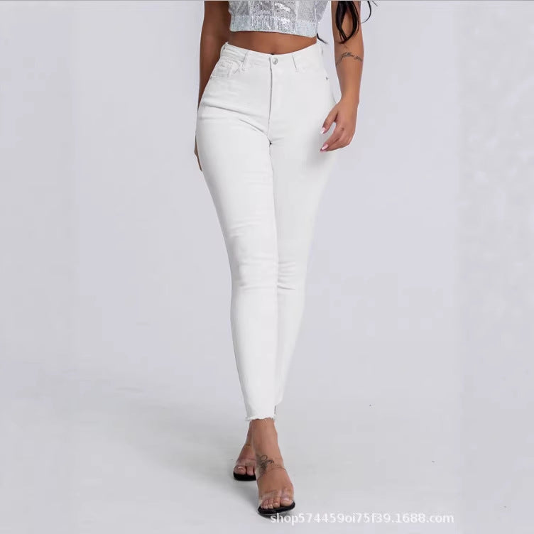 Amazon tiktok pinduoduo foreign trade cross-border fashion raw edge design white jeans for women easiest for match and slimming look