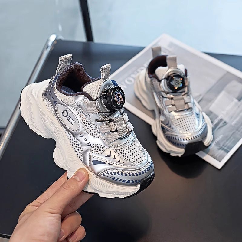 Boys' mesh sneakers  spring/autumn new collection, mesh dad shoes with rotating buckle, breathable hollow-out athletic shoes for girls, trendy brand
