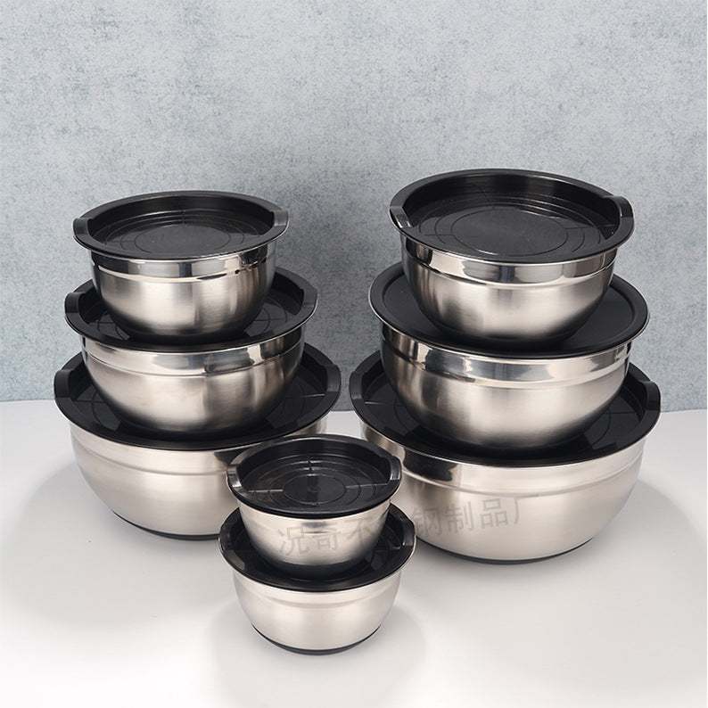 Stainless steel deep salad bowl with color-sprayed lid, round mixing bowl with non-slip silicone base for kitchen use