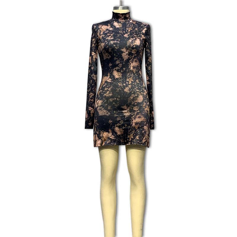 autumn  cross-border fashion dress - european & american style, women's mock neck printed long sleeve slit bodycon dress