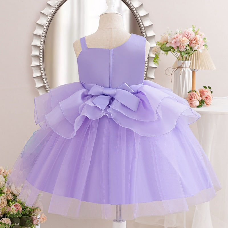Puff skirt first birthday oblique princess dress summer flower dress birthday kids dress performance costume half sleeve girl 3d