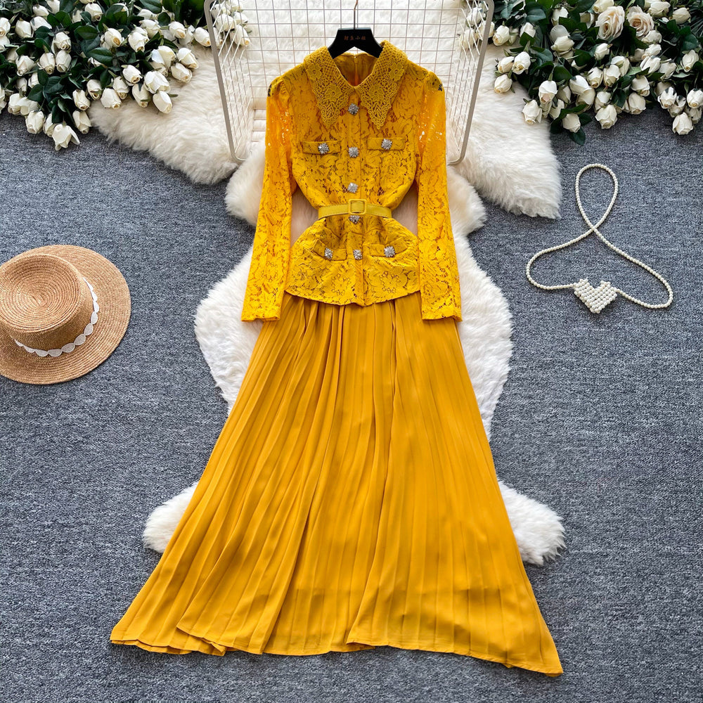 Vintage lace patchwork heavy-duty lapel dress - women's spring/autumn long sleeve a-line maxi dress - commute-friendly, high-end style