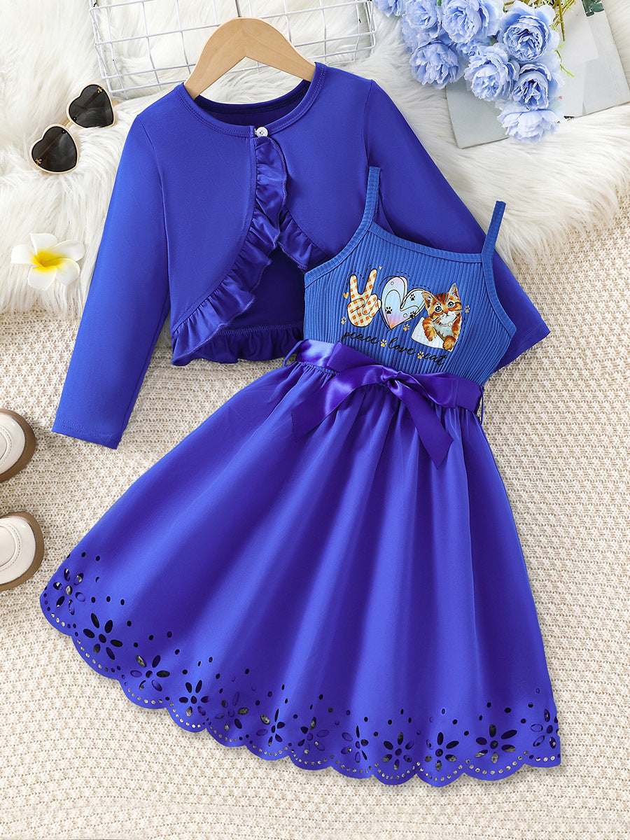 Girls' dress set: blue long-sleeve knit cardigan with ruffle trim and animal print sundress - two-piece outfit