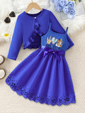 Girls' dress set: blue long-sleeve knit cardigan with ruffle trim and animal print sundress - two-piece outfit