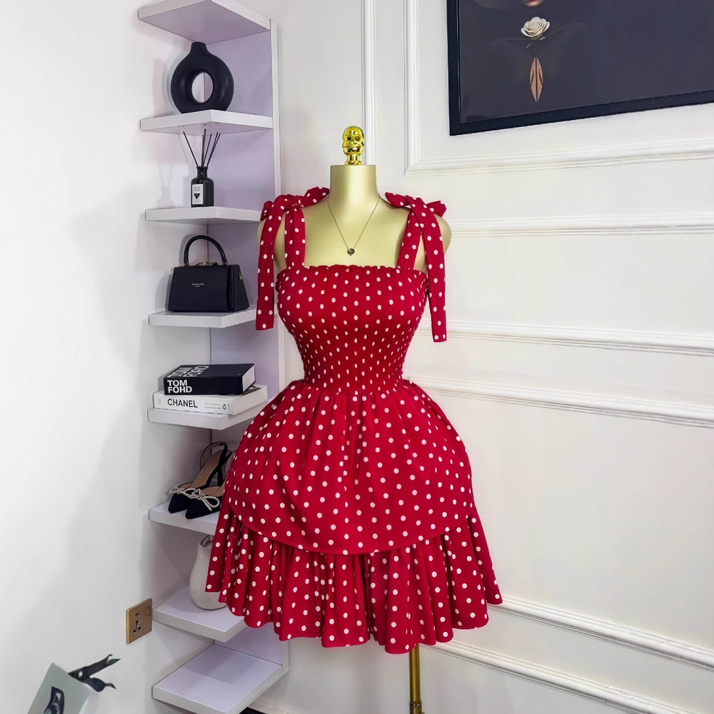 European and american cross-border women's fashion  summer new arrival: polka dot sleeveless butterfly tie waist puffy mini dress