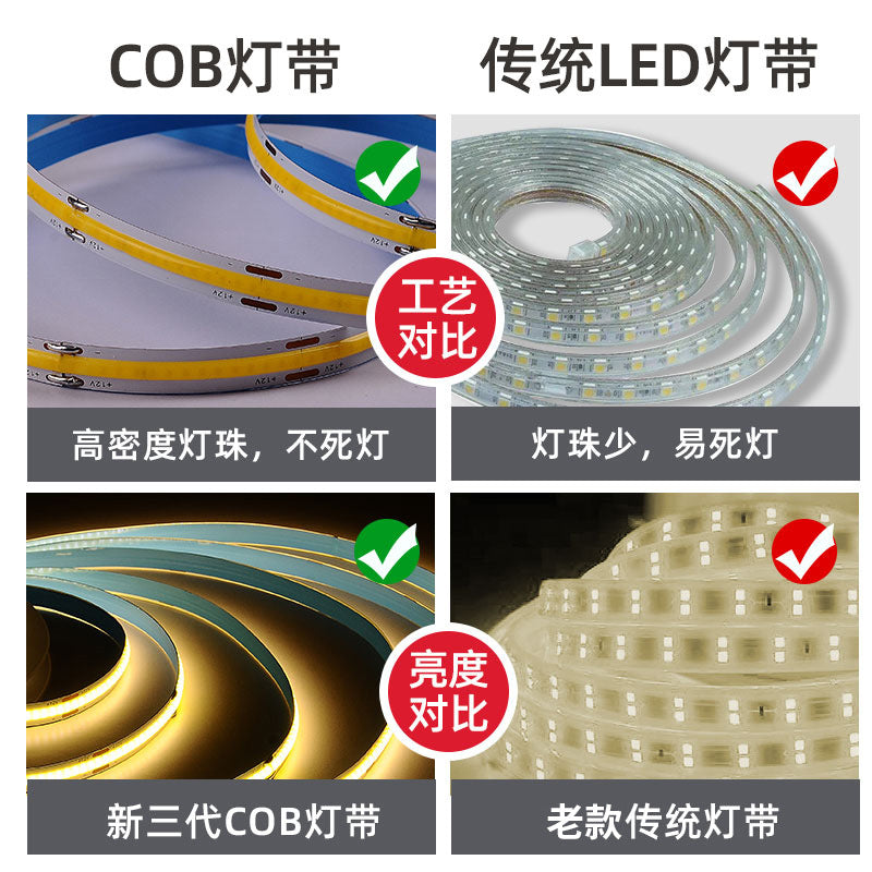 Cob led strip lights, self-adhesive, 12v/24v, flexible soft light bar, low voltage for home improvement, ceiling, cabinet, and retail store lighting, high brightness