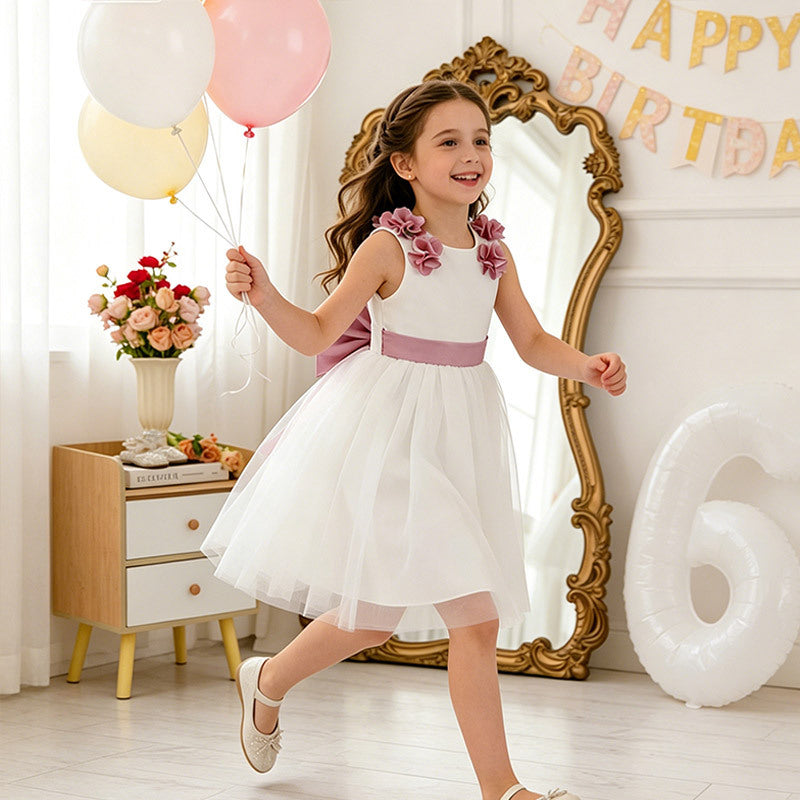 Baby girl dress white flower girl dress first birthday princess dress summer children's day performance host bowknot