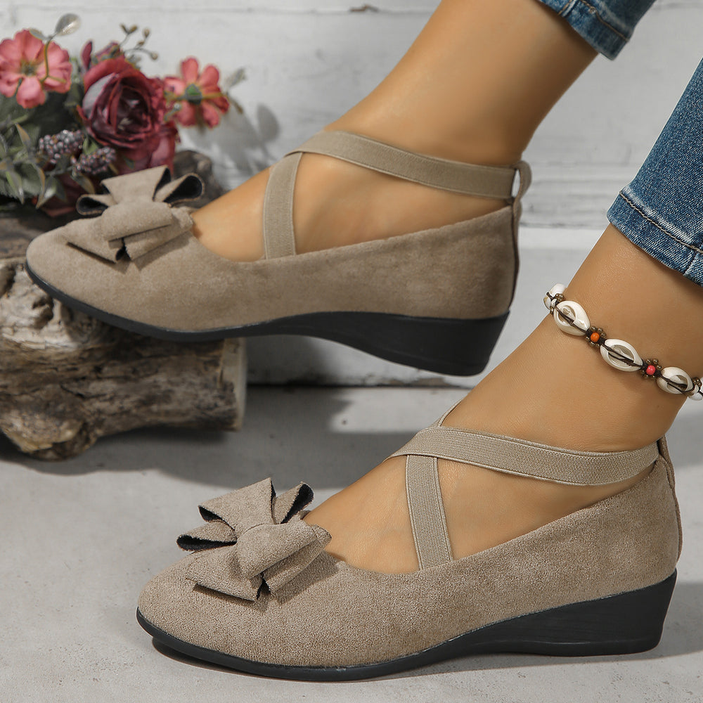 Export new arrival  spring autum elastic band bows beanie shoes suede wedge heel cross large size flats women
