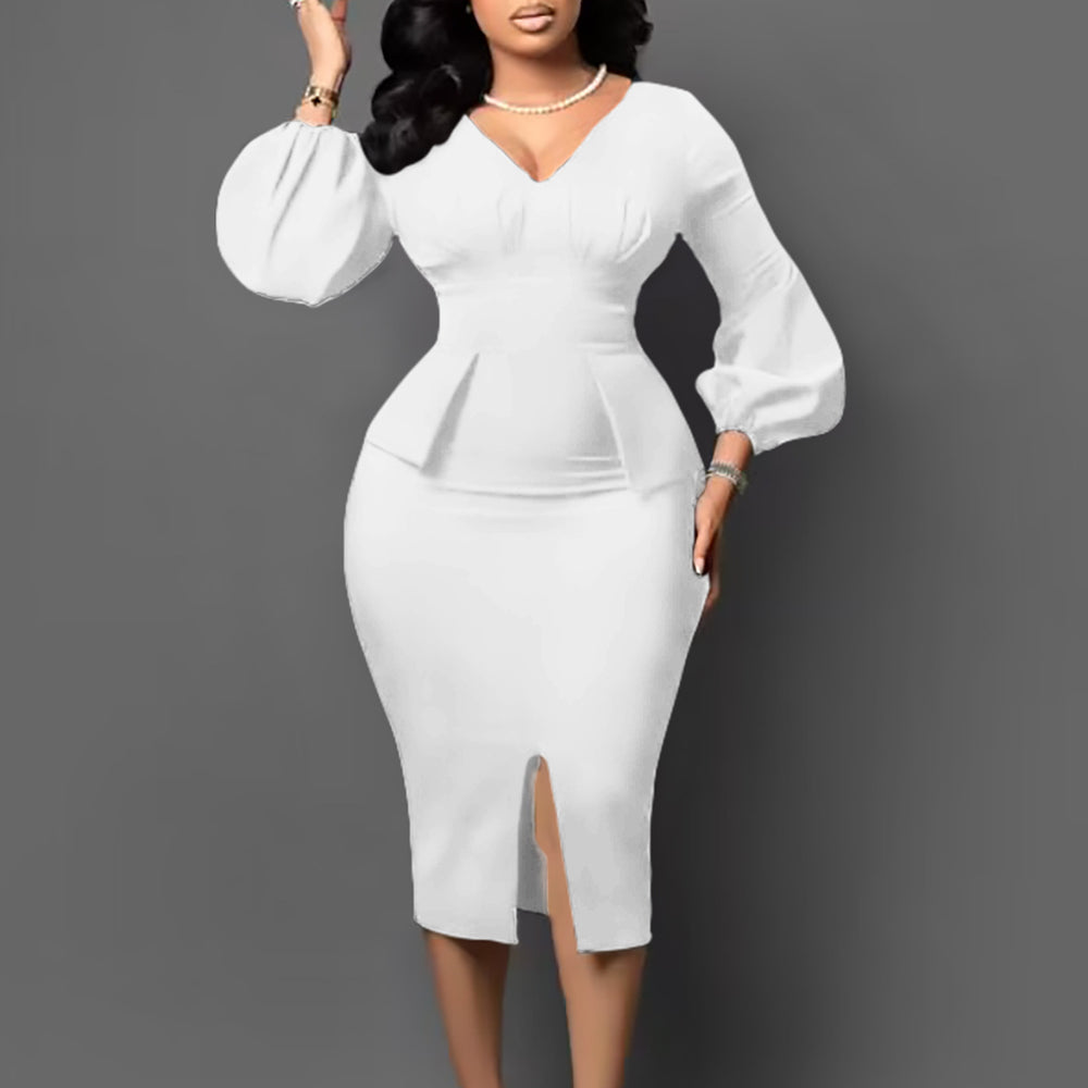 D354  european and american women's clothing v neck puff sleeve slit dress office pencil skirt african dress
