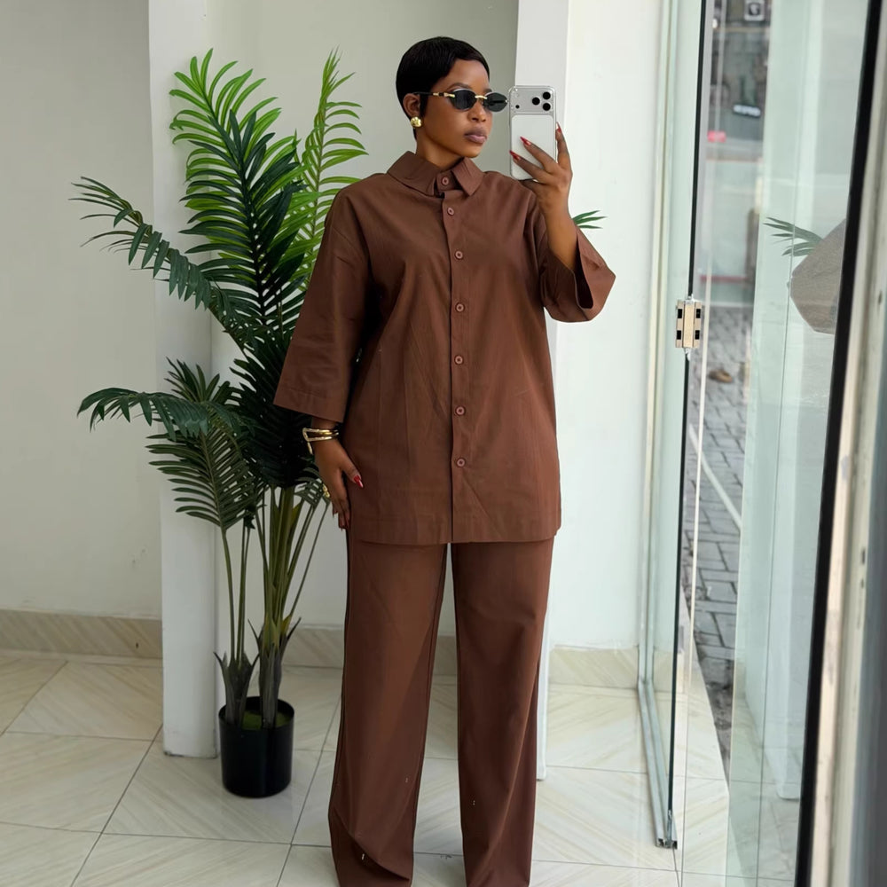 European and american cross-border women's clothing  summer new fashion african plus size loose solid color shirt wide leg pants set