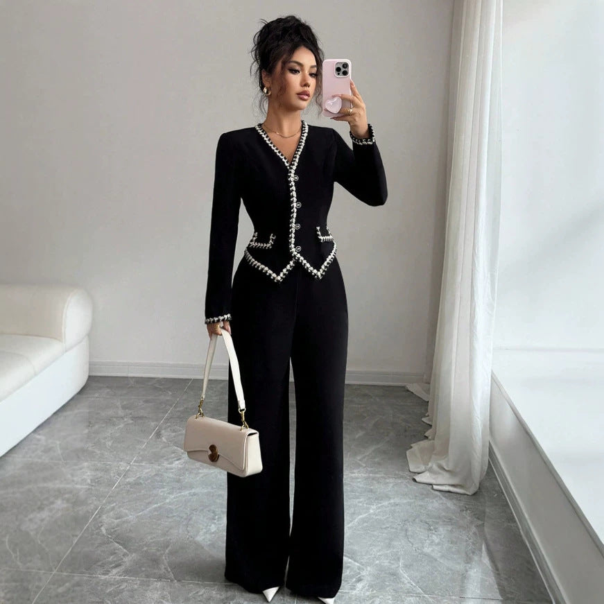 european and american new black chanel-style two-piece set: v-neck ribbon trimmed waist-cinching suit jumpsuit