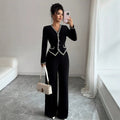 european and american new black chanel-style two-piece set: v-neck ribbon trimmed waist-cinching suit jumpsuit