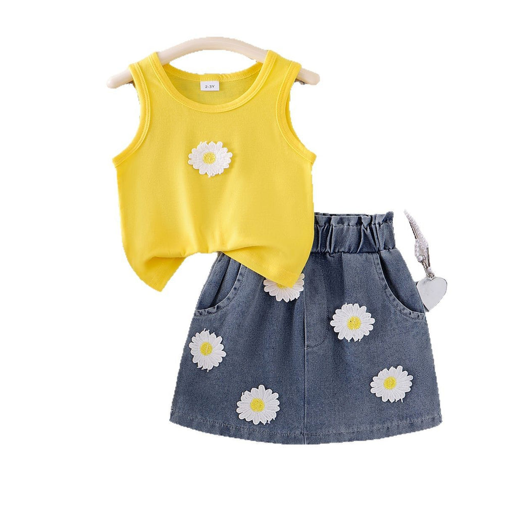 Ebay cross-border fashion girls' summer sleeveless yellow tank top + floral denim mini skirt ruffle set