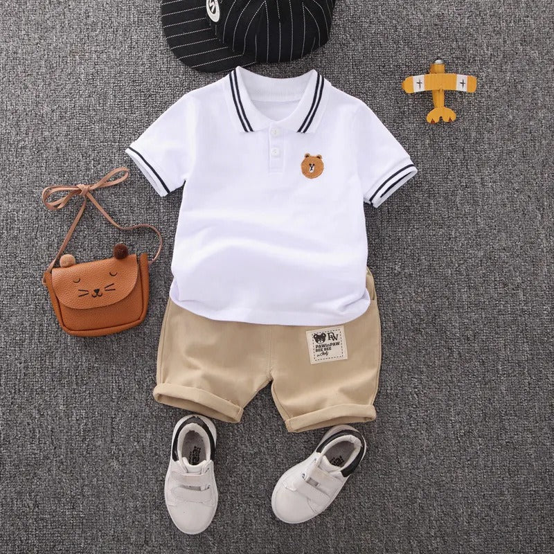 Kids' summer cotton linen short-sleeve set: boys' cartoon deer print shirt, korean style casual two-piece outfit - cross-border wholesale