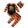 baby halloween pumpkin print long-sleeve romper + pants + hat three-piece set