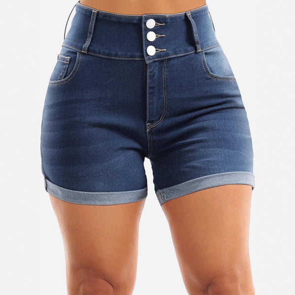 Cross-border Xiyin high waist two-button tight-fitting hip-wrapped elastic crimped denim shorts hip-lifting peach hip hot pants women