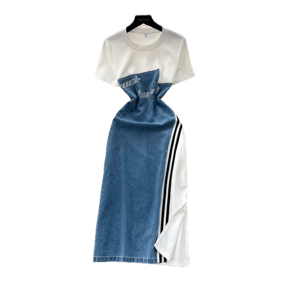 Korean style faux two-piece patchwork round neck dress - women's summer slimming a-line denim dress for work